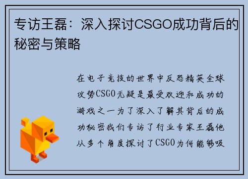 专访王磊：深入探讨CSGO成功背后的秘密与策略